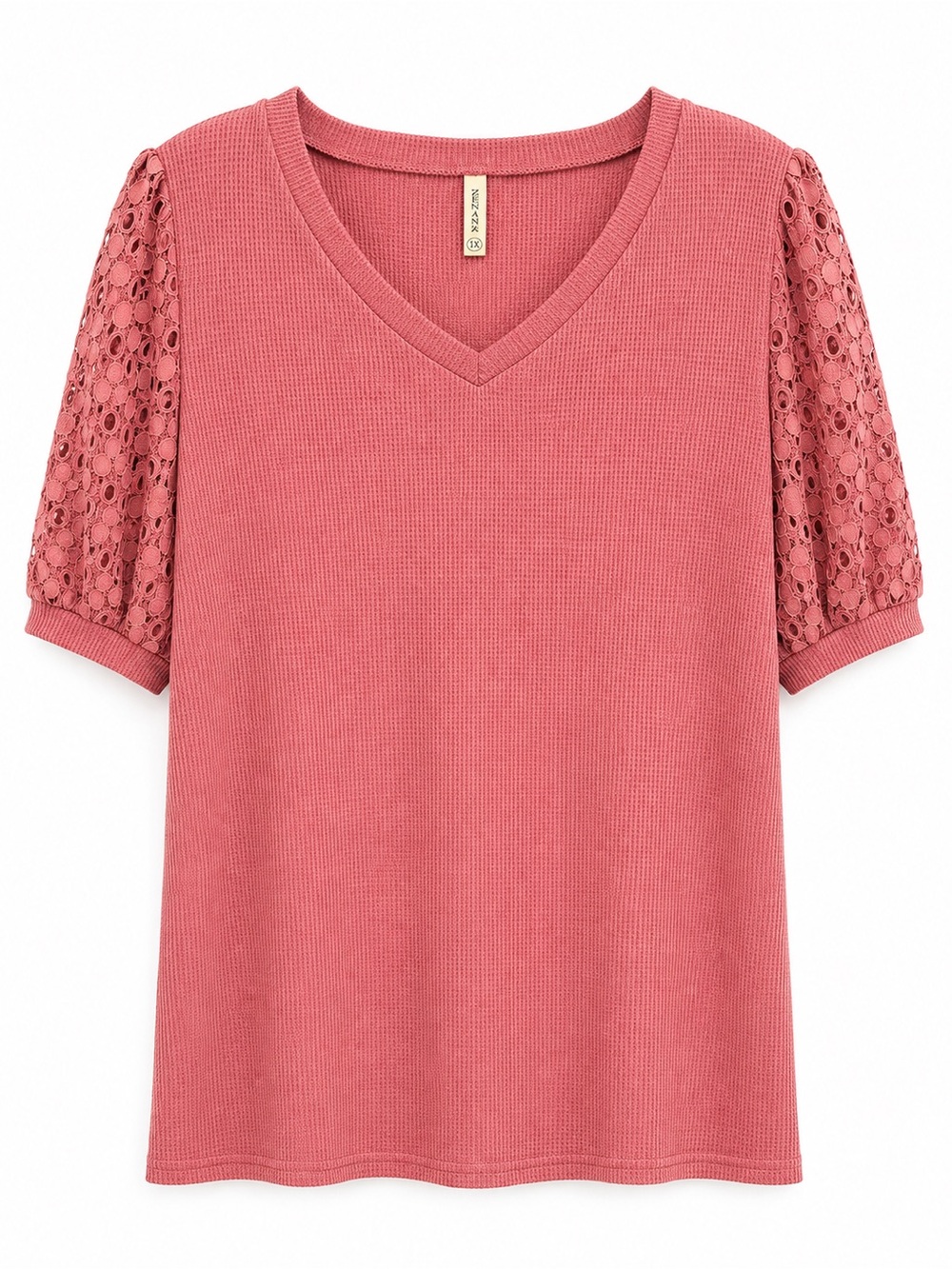 Women's V-Neck Knit Tee with Lace Puff Sleeves - Dusty Rose